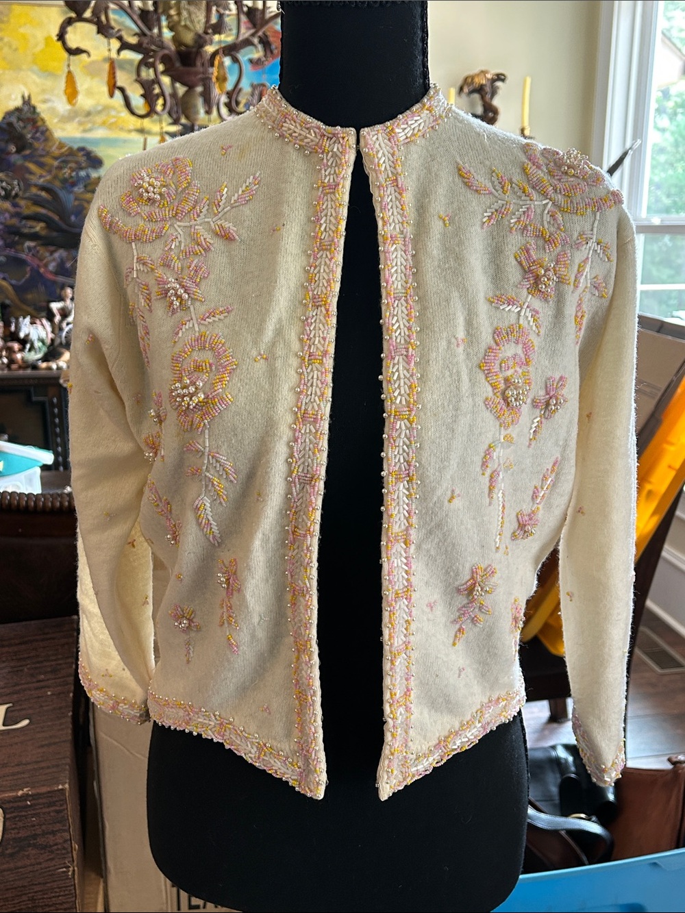1950’s George Sweaters Sz XS  Embellished Cream Beaded Women's Cardigan Sweater
